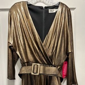 Eliza J Disco Queen Bronze Lame Midi Dress, Asymmetrical Ruffle Hem